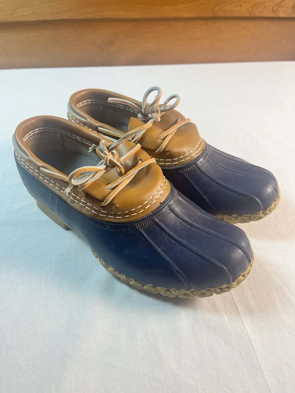 L.L. Bean Women's Bean Boots Rubber Mocs, Navy and Tan 7M